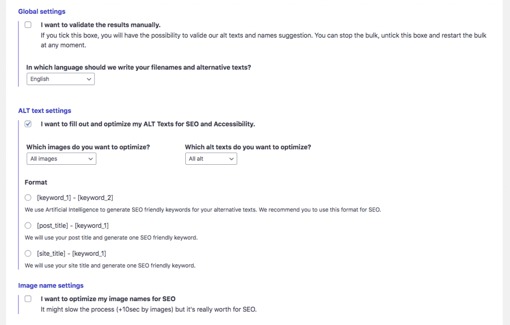 Image SEO alternative text settings