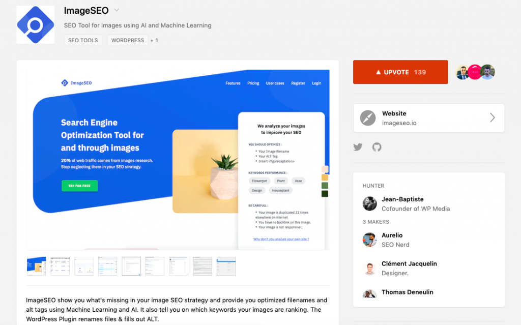 Image SEO présentée sur ProductHunt